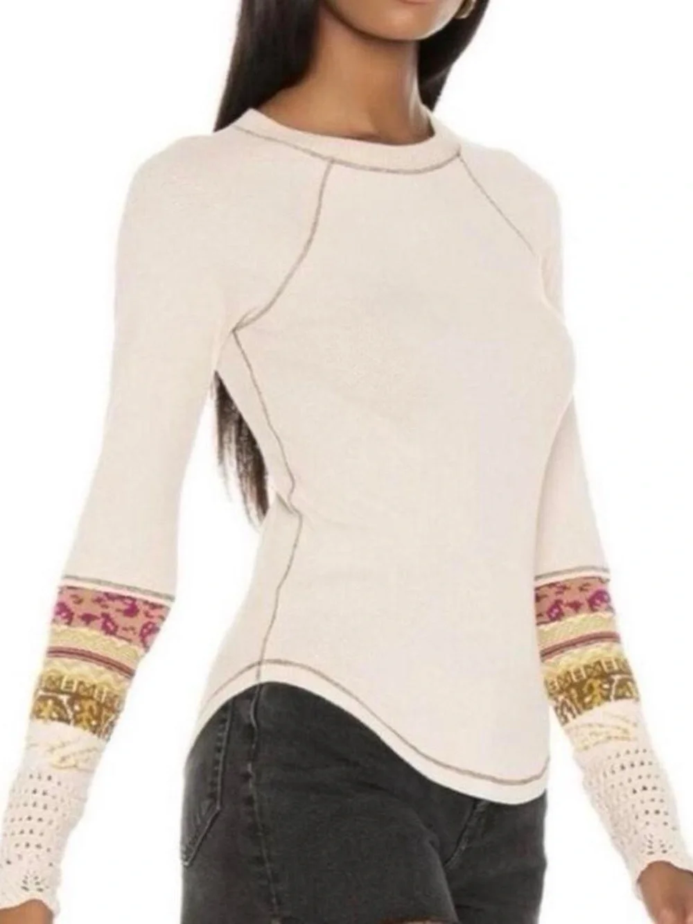 NFS Free People In The Mix Cuff Thermal Top Cream Linen Combo Knit Sz Small